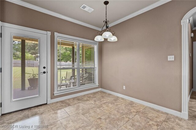 12905 Limestone Dr, Fort Smith, AR 72916 - unfurnished dining area featuring ornamental molding and a chandelier