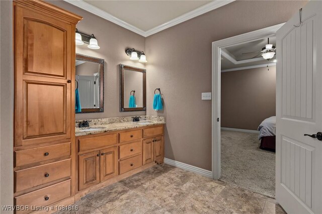 12905 Limestone Dr, Fort Smith, AR 72916 - ensuite bathroom featuring crown molding, double vanity, and a ceiling fan
