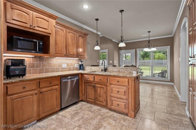 12905 Limestone Dr, Fort Smith, AR 72916 - kitchen featuring dishwasher, a peninsula, light stone counters, crown molding, and decorative backsplash