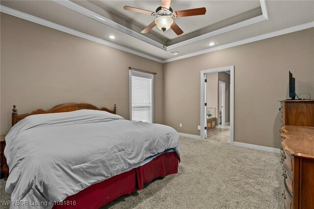 12905 Limestone Dr, Fort Smith, AR 72916 - bedroom featuring a tray ceiling, light colored carpet, ornamental molding, recessed lighting, and ceiling fan