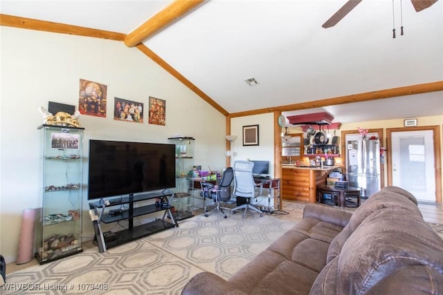 living room with a ceiling fan, beam ceiling, visible vents, and high vaulted ceiling