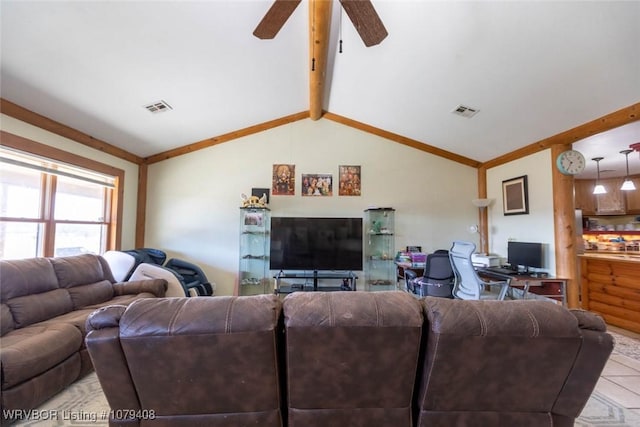 living area featuring vaulted ceiling with beams, visible vents, a ceiling fan, and light tile patterned flooring