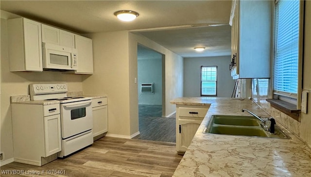 kitchen featuring white cabinetry, sink, light hardwood / wood-style flooring, kitchen peninsula, and white appliances