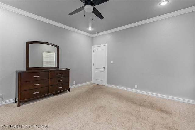 bedroom featuring baseboards, ceiling fan, ornamental molding, carpet floors, and recessed lighting