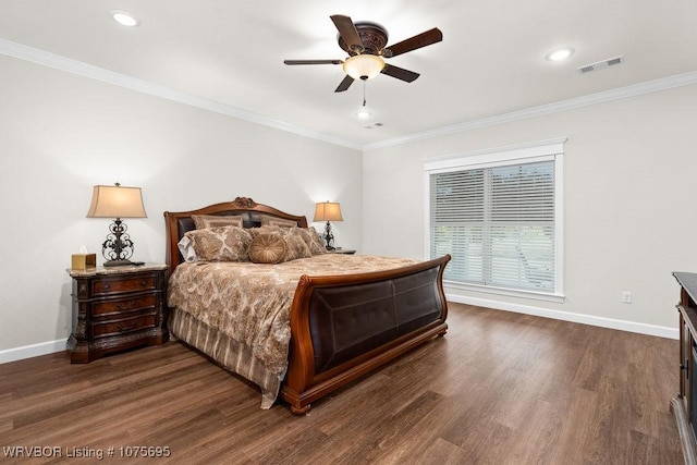 bedroom with dark wood-type flooring, ceiling fan, and ornamental molding