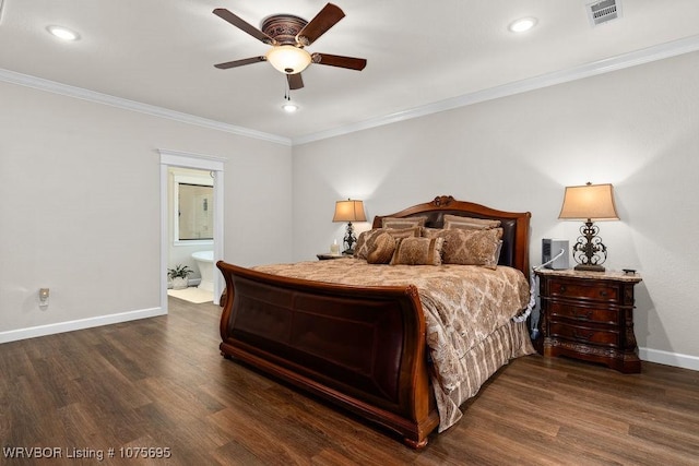 bedroom featuring dark hardwood / wood-style flooring, ensuite bath, ceiling fan, and crown molding