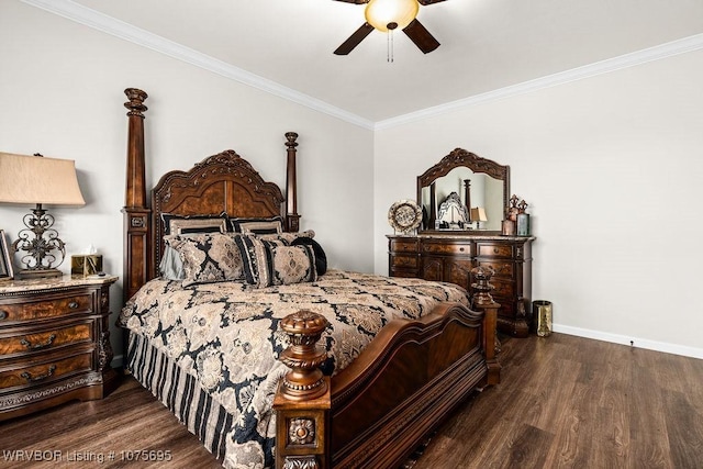 bedroom with dark hardwood / wood-style flooring, ceiling fan, and ornamental molding