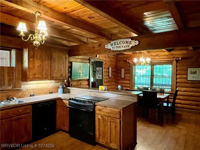 kitchen featuring log walls, beamed ceiling, a notable chandelier, kitchen peninsula, and black appliances