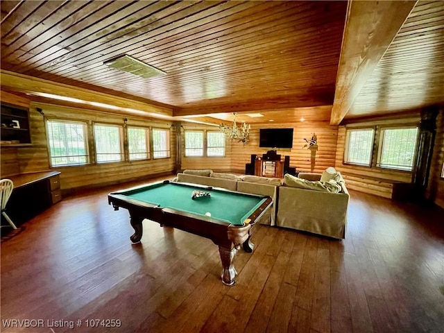 recreation room with rustic walls, wooden ceiling, dark hardwood / wood-style floors, a notable chandelier, and pool table