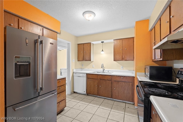 kitchen with dishwasher, black electric range oven, a sink, stainless steel fridge with ice dispenser, and brown cabinetry