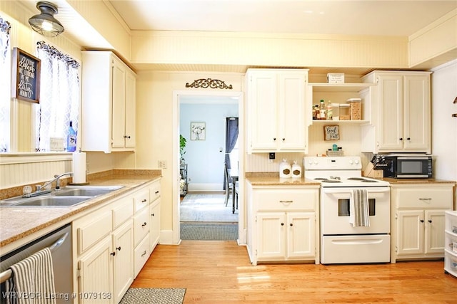 kitchen with white electric stove, light countertops, stainless steel dishwasher, and a sink