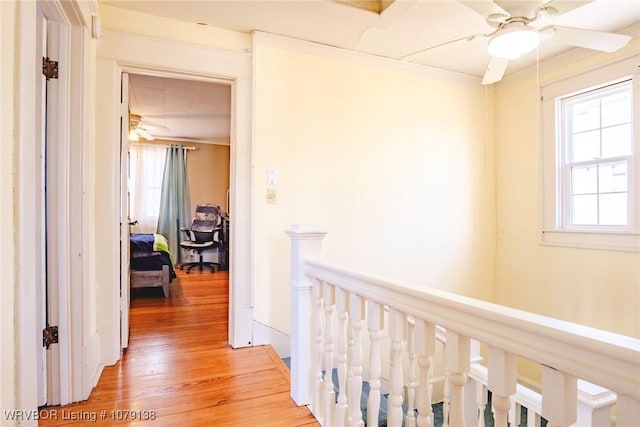 hall featuring plenty of natural light, crown molding, wood finished floors, and an upstairs landing