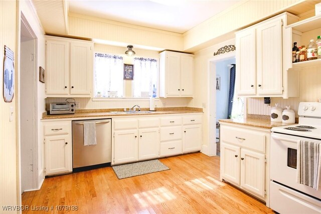 kitchen with white electric range, a sink, white cabinetry, light countertops, and dishwasher