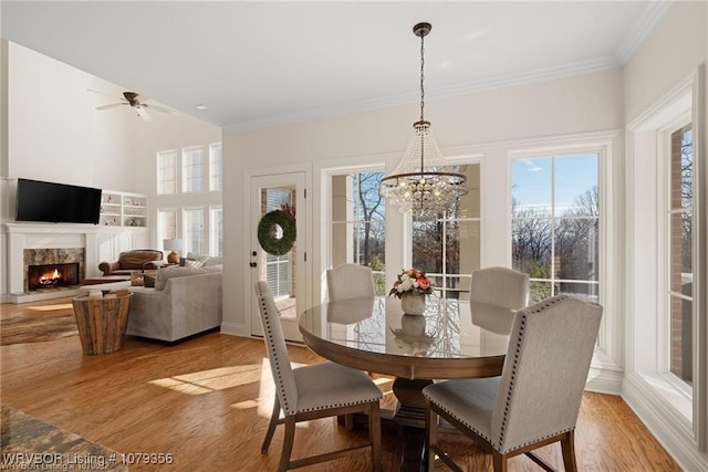 dining room with crown molding, light wood-type flooring, a fireplace, and ceiling fan with notable chandelier