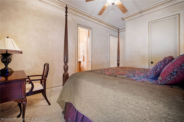 carpeted bedroom with ceiling fan and crown molding