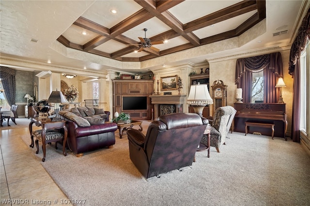 carpeted living room with coffered ceiling, crown molding, ceiling fan, beam ceiling, and decorative columns