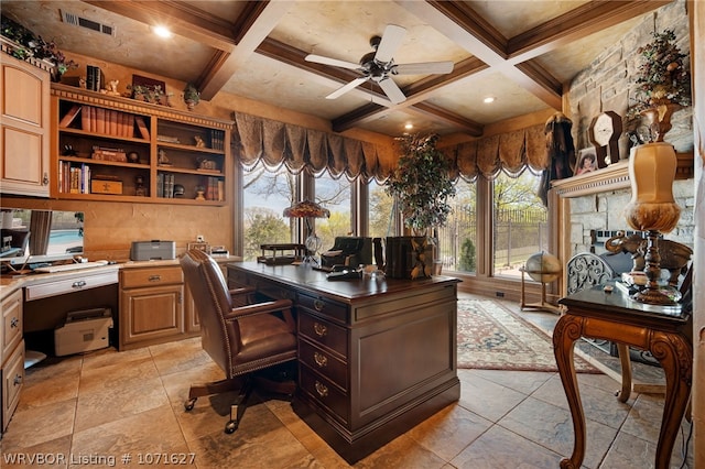 home office with a wealth of natural light, beamed ceiling, coffered ceiling, and ceiling fan