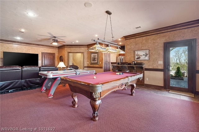 game room with ceiling fan, crown molding, billiards, and light carpet