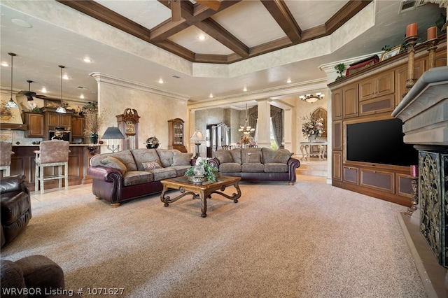 living room featuring beam ceiling, coffered ceiling, a notable chandelier, a towering ceiling, and light carpet