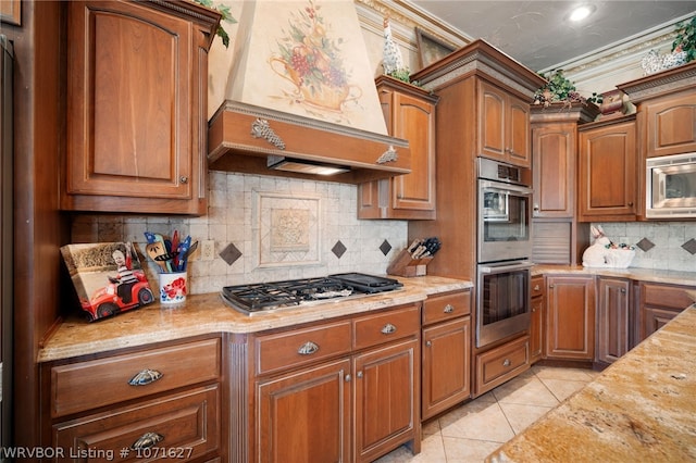 kitchen featuring tasteful backsplash, stainless steel appliances, custom range hood, and ornamental molding