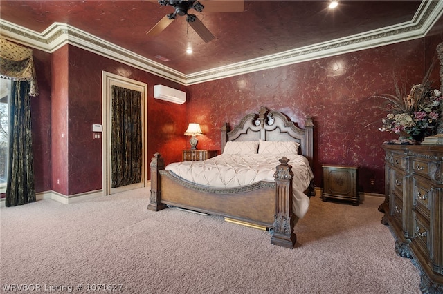 bedroom featuring carpet flooring, ceiling fan, an AC wall unit, and ornamental molding