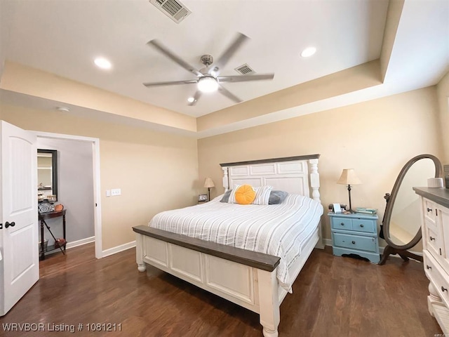 527 Polk Road 59, Mena, AR 71953 - bedroom with dark wood-style flooring, a raised ceiling, baseboards, recessed lighting, and ceiling fan