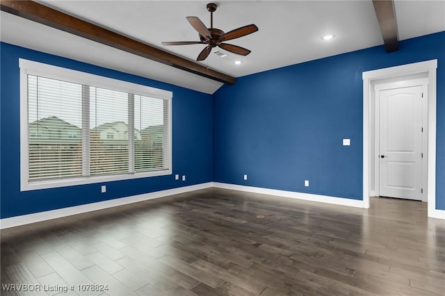 empty room with lofted ceiling with beams, dark hardwood / wood-style floors, and ceiling fan