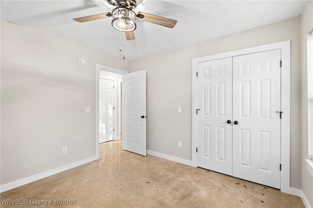 unfurnished bedroom featuring a closet and ceiling fan