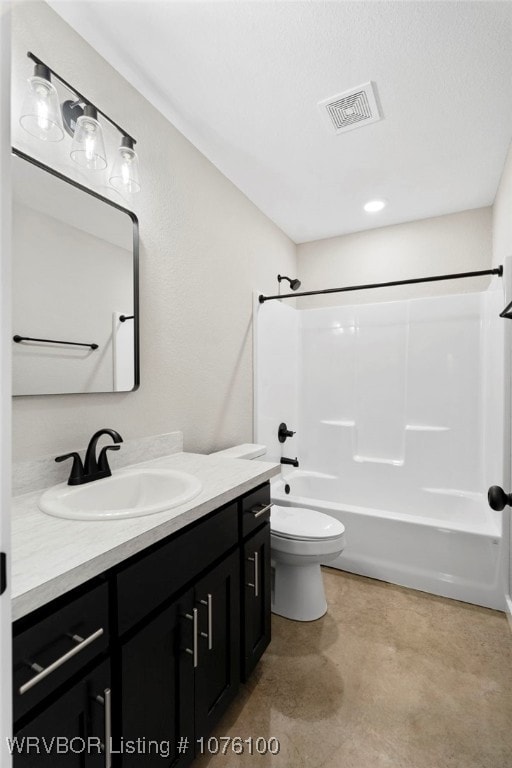 full bathroom with toilet, vanity, and bathing tub / shower combination