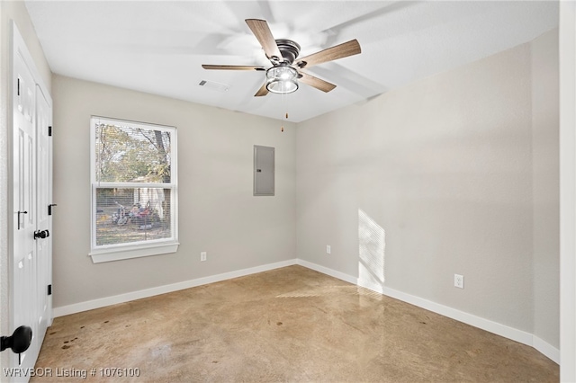 empty room featuring electric panel and ceiling fan