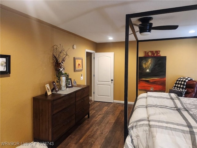 bedroom featuring ornamental molding and dark wood-type flooring