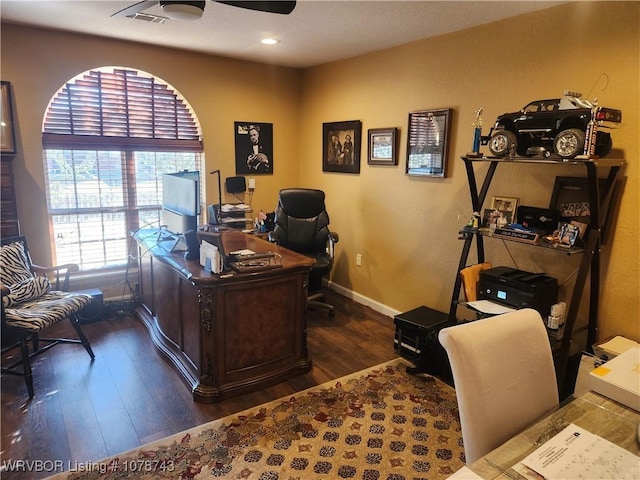 office with ceiling fan and dark hardwood / wood-style floors