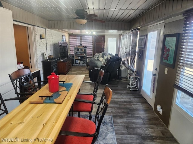 dining room featuring ceiling fan and dark hardwood / wood-style flooring