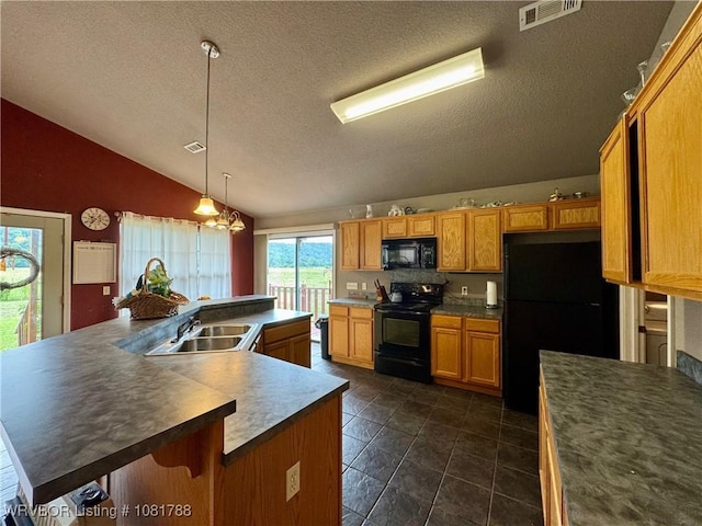 11739 282nd Hwy, Mountainburg, AR 72946 - kitchen with black appliances, a textured ceiling, vaulted ceiling, a spacious island, and dark countertops