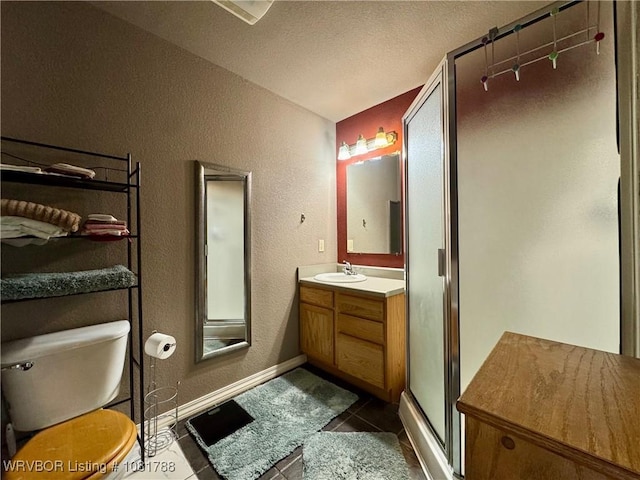 11739 282nd Hwy, Mountainburg, AR 72946 - full bath with a textured wall, vanity, a shower stall, tile patterned floors, and a textured ceiling