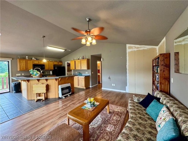 11739 282nd Hwy, Mountainburg, AR 72946 - living area featuring dark wood-style flooring, heating unit, vaulted ceiling, a ceiling fan, and a textured ceiling