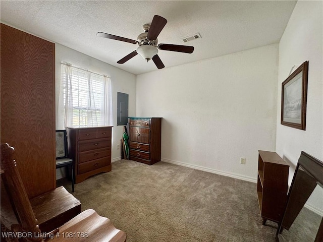 11739 282nd Hwy, Mountainburg, AR 72946 - carpeted bedroom featuring a ceiling fan, electric panel, and a textured ceiling