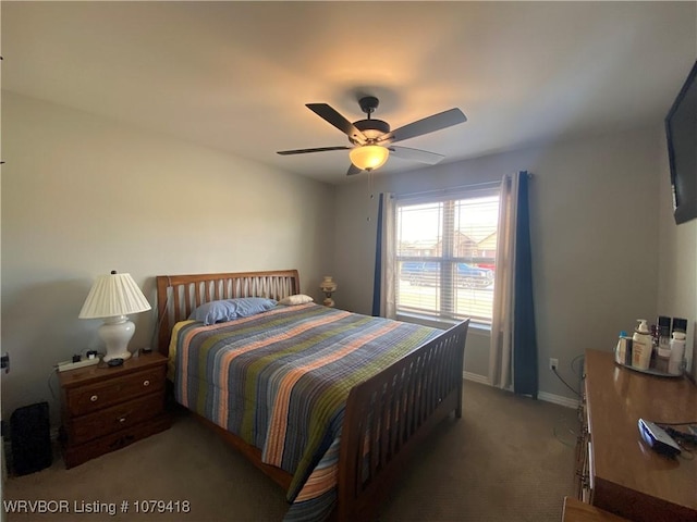 bedroom featuring carpet flooring, ceiling fan, and baseboards