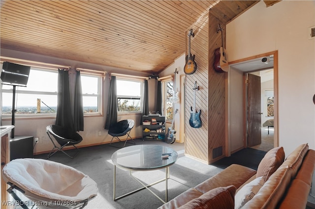 living room featuring dark colored carpet, wood ceiling, wooden walls, and vaulted ceiling