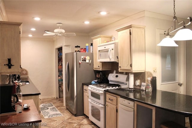 8436 Sebastian Lake Dr, Hackett, AR 72937 - kitchen with white appliances, dark countertops, ceiling fan, recessed lighting, and light tile patterned flooring