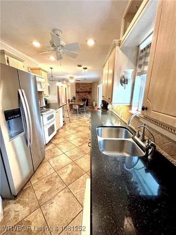 8436 Sebastian Lake Dr, Hackett, AR 72937 - kitchen featuring white appliances, a sink, dark countertops, ceiling fan, and recessed lighting