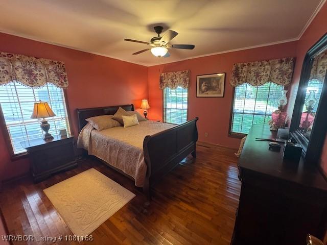 216 Jefferson Dr, Charleston, AR 72933 - bedroom with hardwood / wood-style floors, ornamental molding, ceiling fan, and baseboards