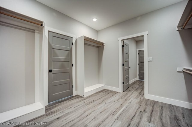 walk in closet with light wood finished floors