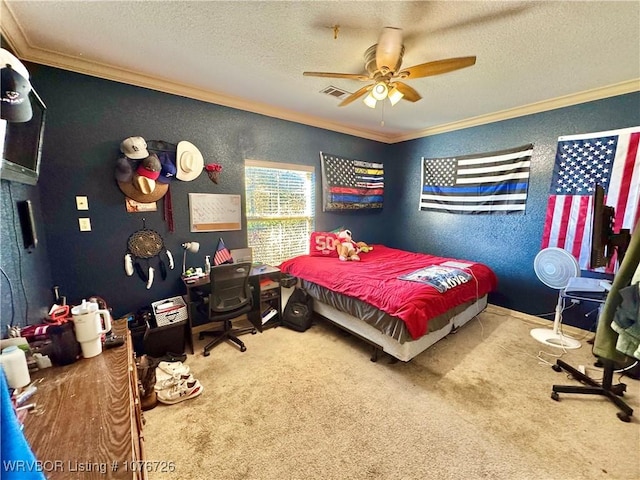 bedroom featuring carpet flooring, ceiling fan, and ornamental molding