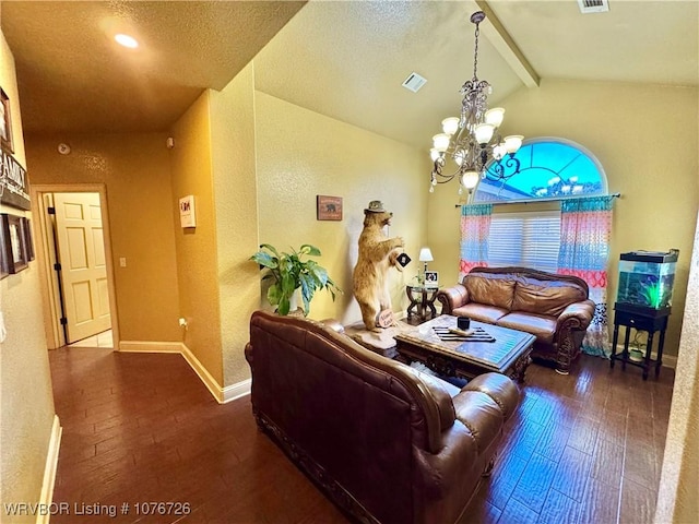 living room featuring a chandelier, vaulted ceiling with beams, and dark wood-type flooring