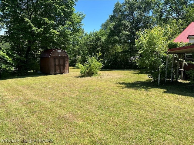 view of yard with an outdoor structure and a shed