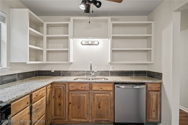 96708 S 4515, Vian, OK 74962 - kitchen featuring stainless steel dishwasher, open shelves, a sink, and light stone countertops