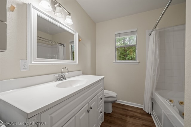96708 S 4515, Vian, OK 74962 - bathroom with toilet, vanity, wood finished floors, baseboards, and a combined bath / shower with jetted tub