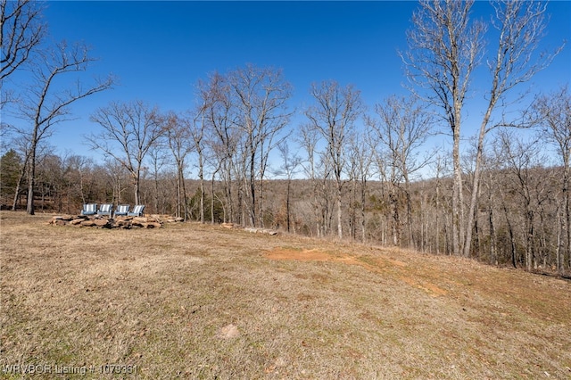 view of yard featuring a forest view