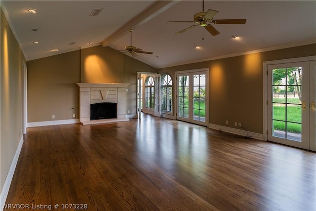 unfurnished living room featuring french doors, vaulted ceiling with beams, dark hardwood / wood-style floors, and ceiling fan